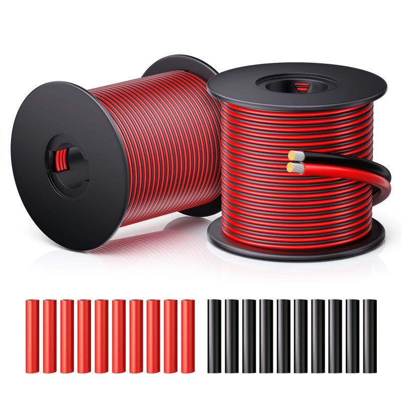 سلك 22 AWG مع أنابيب انكماش حراري 18-22 AWG زوج مجدول من الأسلاك الحمراء والسوداء المطلية بالقصدير - كابل تمديد شريط LED بجهد 12V 24V DC مناسب لأضواء LED في السيارات - سلك PVC مرن عالي الحرارة بطول 1968.5 بوصة - Image 1