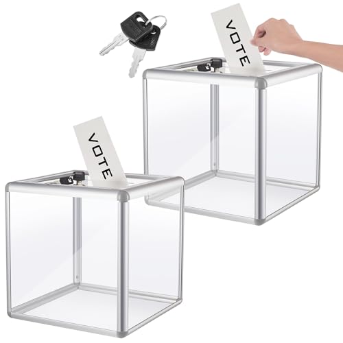 Lineshading 2 Pcs 10 x 10 x 10 in Acrylic Donation Raffle Box with Slot Lock Large Clear Ballot Offering Suggestion Ticket Container for Fundraising Drawing Tip Jar Voting Clear - Image 1