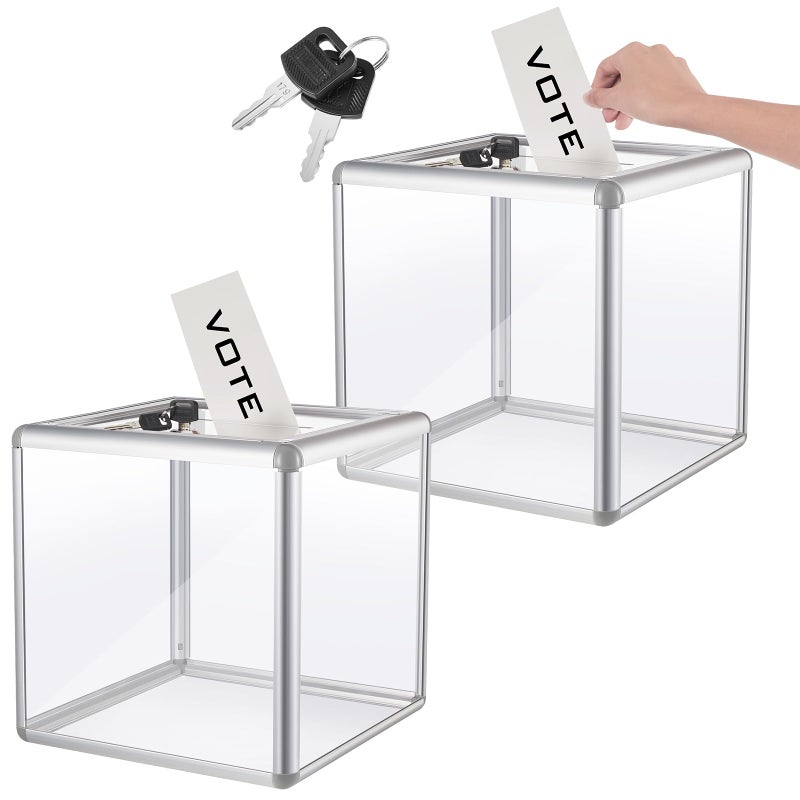 Lineshading 2 Pcs 10 x 10 x 10 in Acrylic Donation Raffle Box with Slot Lock Large Clear Ballot Offering Suggestion Ticket Container for Fundraising Drawing Tip Jar Voting Clear - Image 2