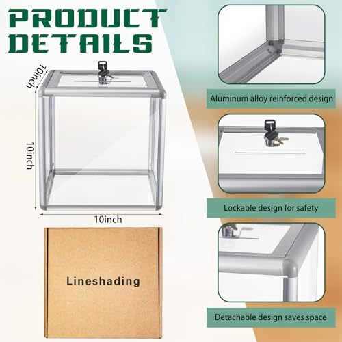 Lineshading 2 Pcs 10 x 10 x 10 in Acrylic Donation Raffle Box with Slot Lock Large Clear Ballot Offering Suggestion Ticket Container for Fundraising Drawing Tip Jar Voting Clear - Image 3