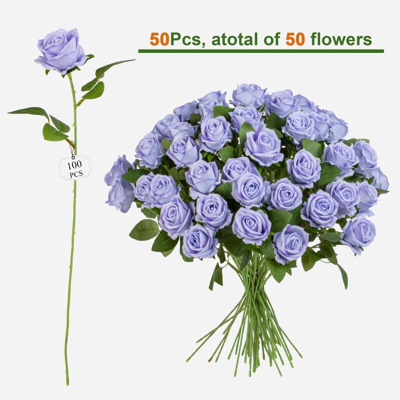 Uqueeten Artificial Flowers Roses Touch Fake Rose Bouquet Flower Stem For Wedding Centerpieces Diy Wreath Home Decorations Silk Roses Mothers Party Fake Outdoor Flowers Decor 19.6"(Light Purple 50PCS) - Image 2