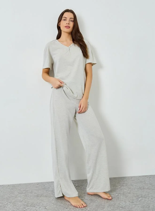Styli Drop Shoulder Placket Rivet T-Shirt and Straight Pyjama Set