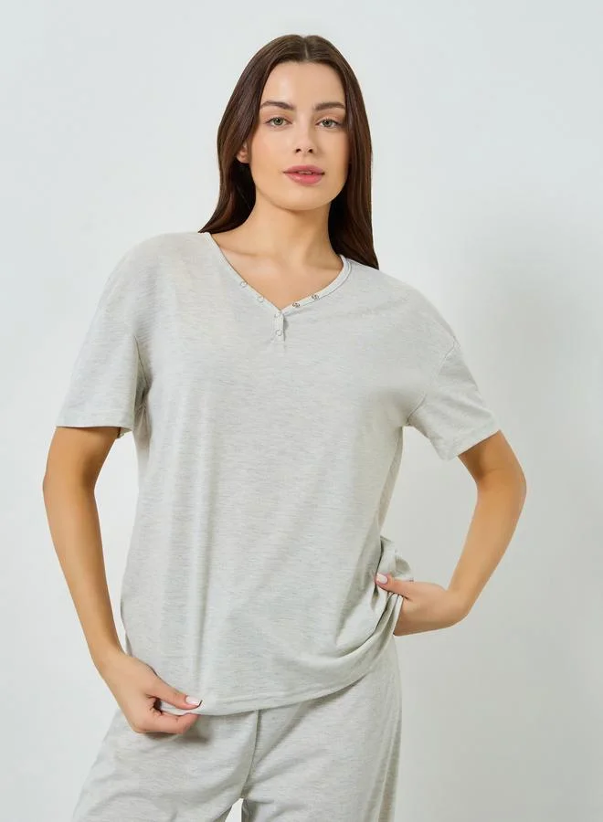 Styli Drop Shoulder Placket Rivet T-Shirt and Straight Pyjama Set