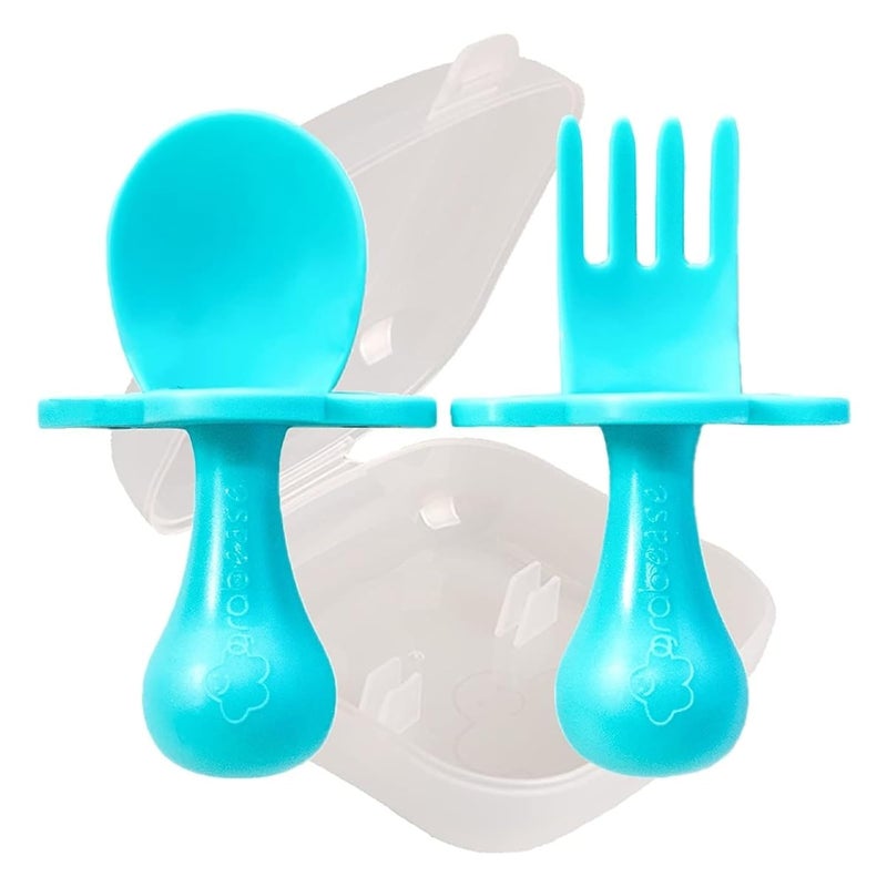 grabease Baby Feeding Utensils - Anti-Choke Collar & Toddler Fork for Ages 1-3 - Easy-Grip Curved Handle Infant Spoon - Dishwasher-Safe Convenience & Baby Cutlery - Teal - Image 1