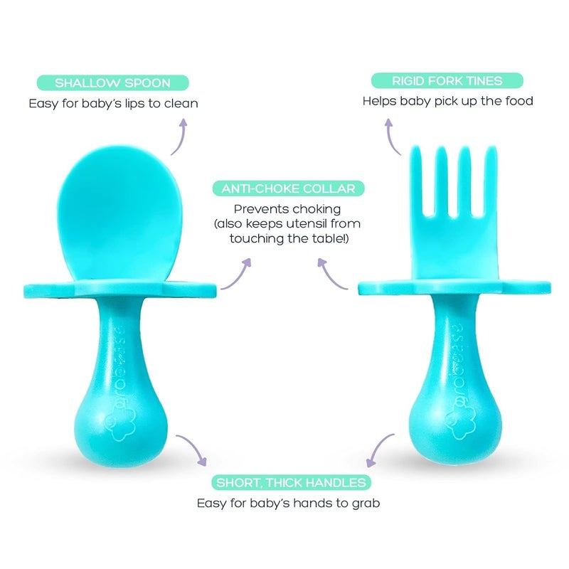 grabease Baby Feeding Utensils - Anti-Choke Collar & Toddler Fork for Ages 1-3 - Easy-Grip Curved Handle Infant Spoon - Dishwasher-Safe Convenience & Baby Cutlery - Teal - Image 4