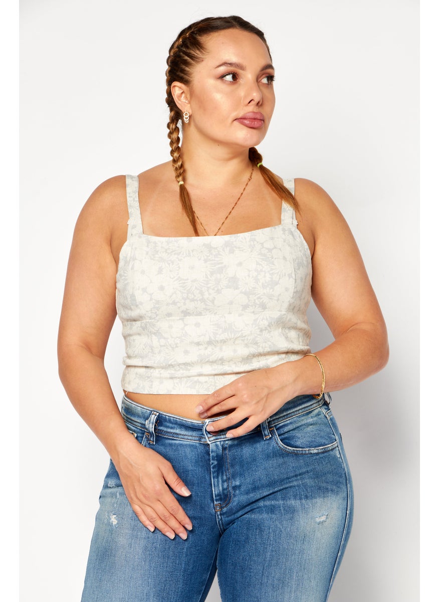 Gentle Fawn - Women Square Neck Sleeveless Floral Print Crop Tank Top, Beige - Image 1