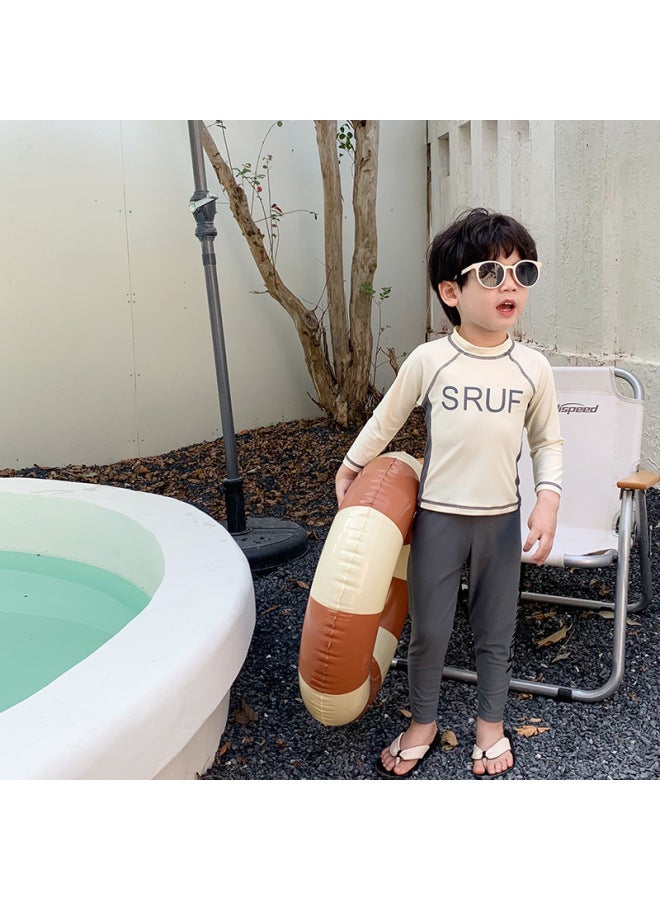 Loquat South Korea Children's One-piece Swimsuit Children's Long Sleeve Trousers Warm Boys And Girls Hot Spring Children's Sun Protection Suit-Color:Creamy-white- - Image 1