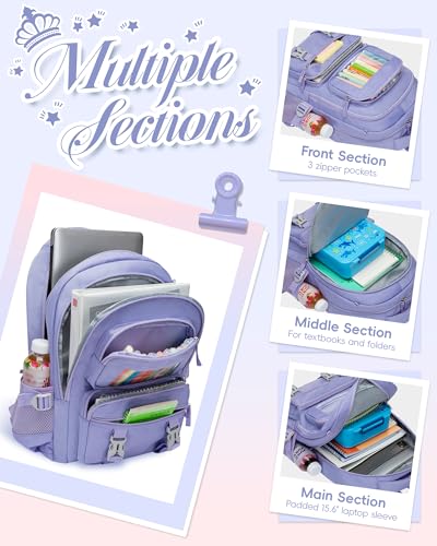 FOKDUVB Kids School Backpack for Girls Ages 68 810 1012 1214 Elementary Middle School Book Bags with Laptop Compartment for Teens Teenagers Girls Mochilas Escolares para Nias Purple Solid - Image 3