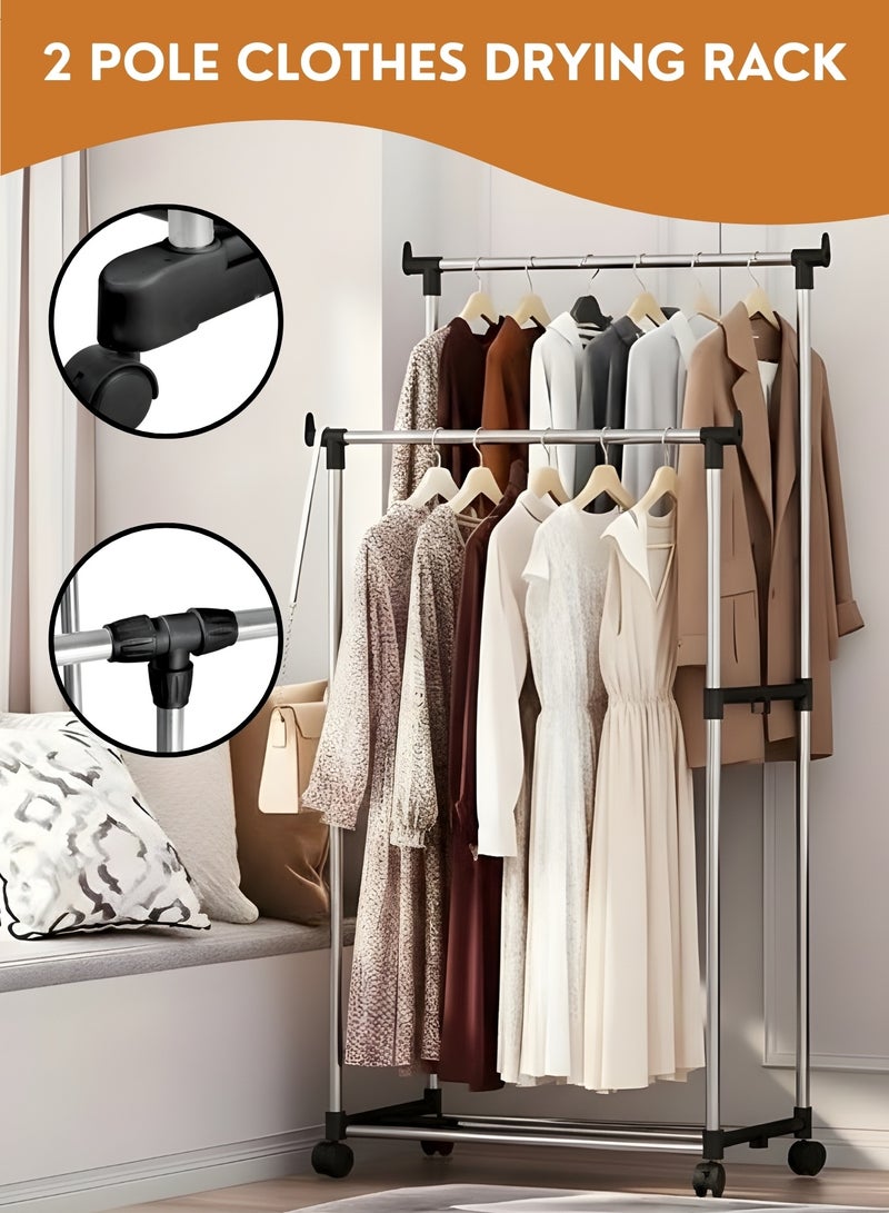 JUNI Portable Double Rail Clothes Rack with Wheels, Stainless Steel Foldable Garment and Laundry Rack, Adjustable Hanging Stand for Indoor & Outdoor Use, Rolling Clothing & Display Rack - Image 1