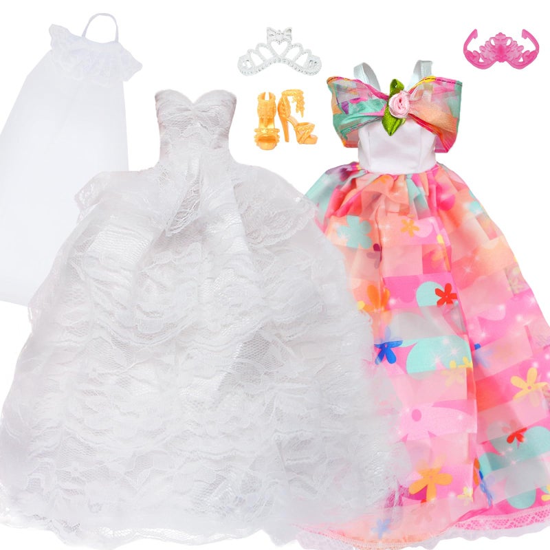 BLIJOLA White Gorgeous Doll Wedding Dress with Veil Pink Princess Long Evening Party Clothes Gowns Sets with Crowns Shoes for 115 inch Girl Doll - Image 3