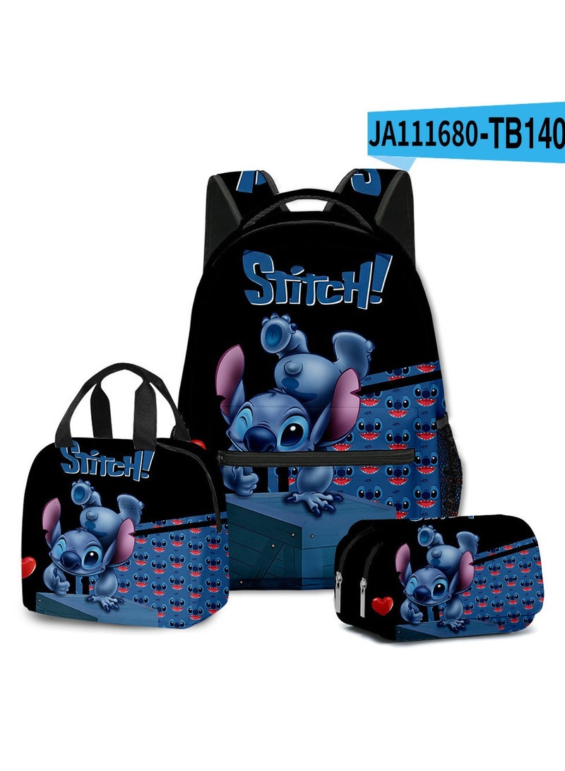 SKT Shiketro Stitch Student School Bag Children's Lunch Bag Pencil Case Three-Piece Set 30*40*17cm