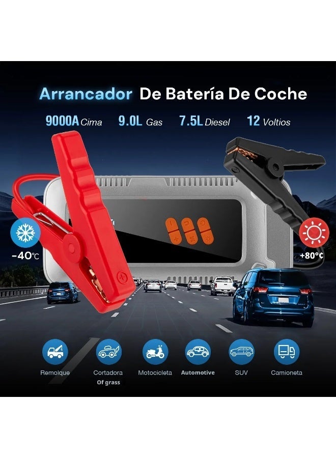مُشغِّل سُرْعِيّ كَارٍ طَارِئٍ مَحْمُول 12 فولت 9000 أمبير - بمضخة هواء ومصدر طاقة محمول ومصباح، لجميع أنواع السيارات، درجة حرارة -40 م إلى +80 م - Image 2