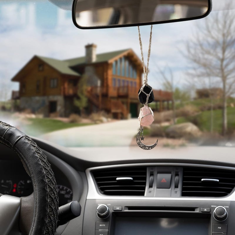 BOHO GARDEN Crystal Hanging Car Charm - Rear View Mirror Hanging Car Accessories for Women, Moon Decor Hanging Ornament, Witchy Gifts and Healing Stones - Black Tourmaline & Rose Quartz - Image 3