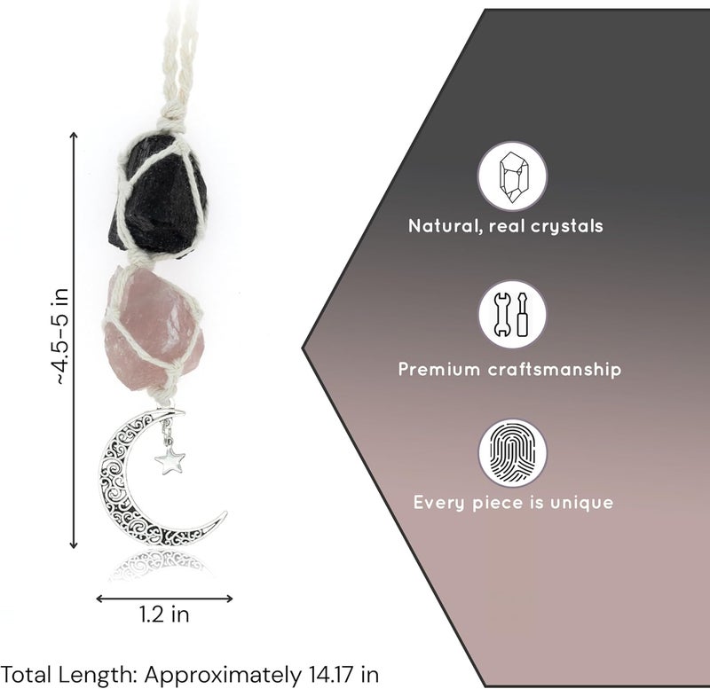 BOHO GARDEN Crystal Hanging Car Charm - Rear View Mirror Hanging Car Accessories for Women, Moon Decor Hanging Ornament, Witchy Gifts and Healing Stones - Black Tourmaline & Rose Quartz - Image 2