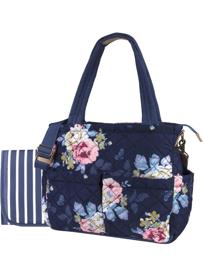 Baby Essentials Blue Floral Diaper Bag Tote for Girl, Boy - Quilted Diaper Bag Tote Purse for Women 3 Pc Set - Image 1