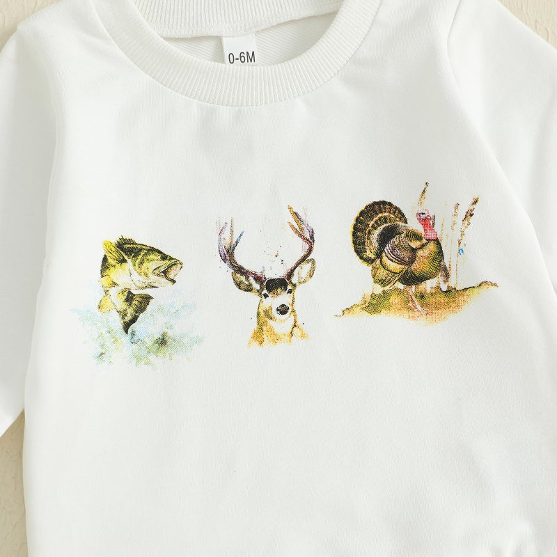 Fernvia Toddler Baby Boy Fall Hunting Clothes Wild Goose Fish Deer Print Sweatshirt Elastic Camouflage Pant Winter Outfits (B-White, 12-18 Months) - Image 4