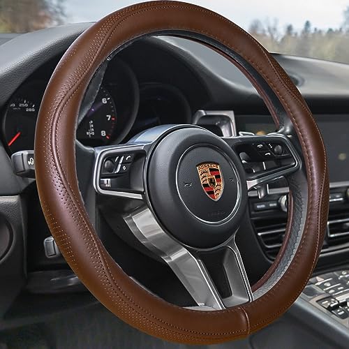 HAOKAY Top Grade Brown Genuine Leather Steering Wheel Cover Men Women, Luxury Steering Wheel Cover for Cars, SUVS and Trucks, Universal 14.5-15 inch - Image 1