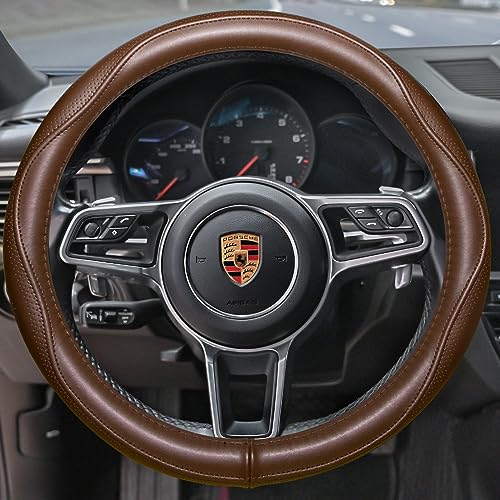 HAOKAY Top Grade Brown Genuine Leather Steering Wheel Cover Men Women, Luxury Steering Wheel Cover for Cars, SUVS and Trucks, Universal 14.5-15 inch - Image 2