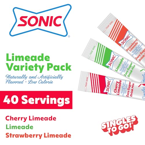 SINGLES TO GO! Sonic Singles To Go Variety Pack, Watertok Powdered Drink Mix, Includes 3 Flavors, Cherry Limeade, Strawberry Limeade, 1 Box (40 Servings) - Image 2