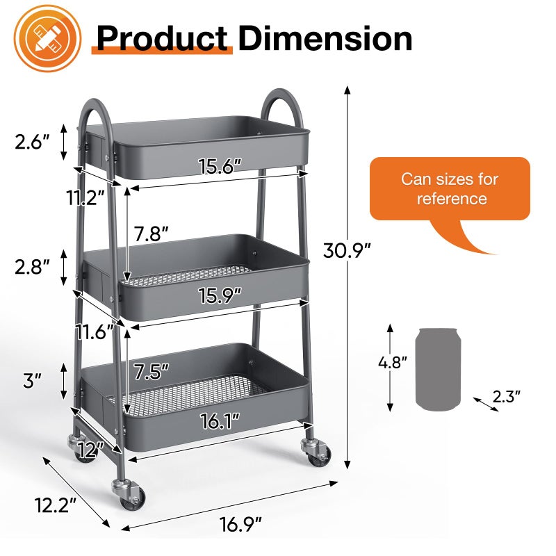 NEWBULIG 3-Tier Rolling Utility Cart with Locking Wheels, Slim Metal Mobile Storage Organizer Shelf for Small Spaces, Bathroom, Living Room, Grey - Image 4