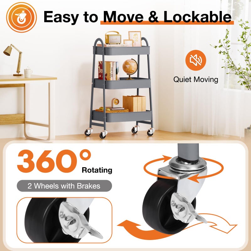 NEWBULIG 3-Tier Rolling Utility Cart with Locking Wheels, Slim Metal Mobile Storage Organizer Shelf for Small Spaces, Bathroom, Living Room, Grey - Image 3