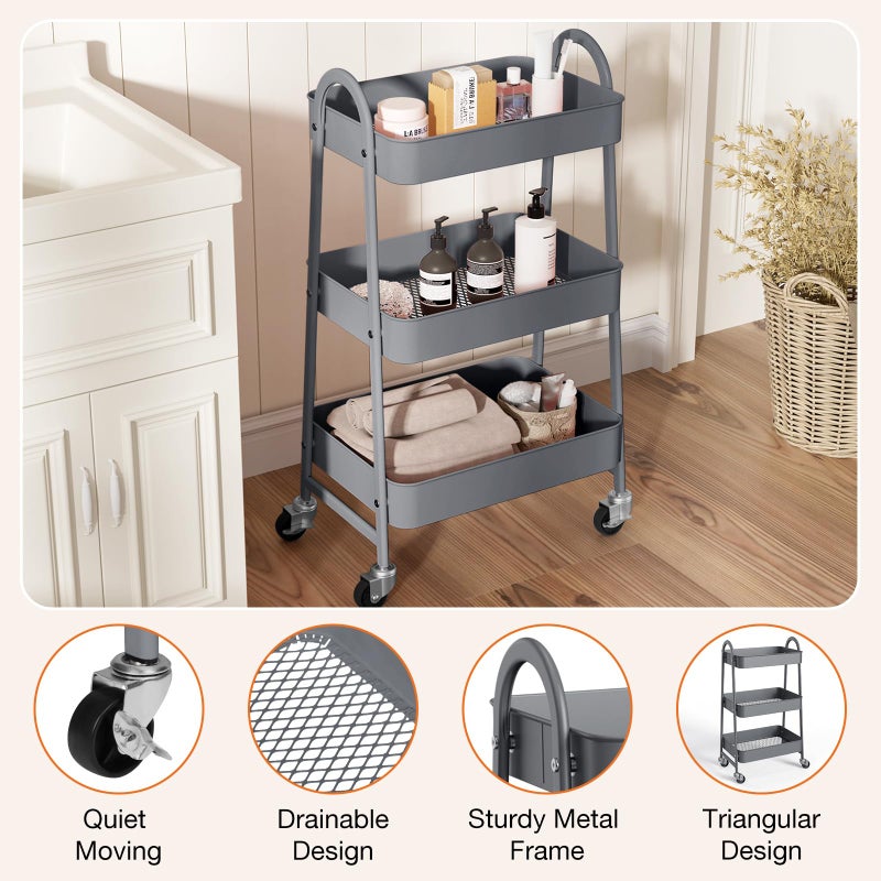 NEWBULIG 3-Tier Rolling Utility Cart with Locking Wheels, Slim Metal Mobile Storage Organizer Shelf for Small Spaces, Bathroom, Living Room, Grey - Image 2