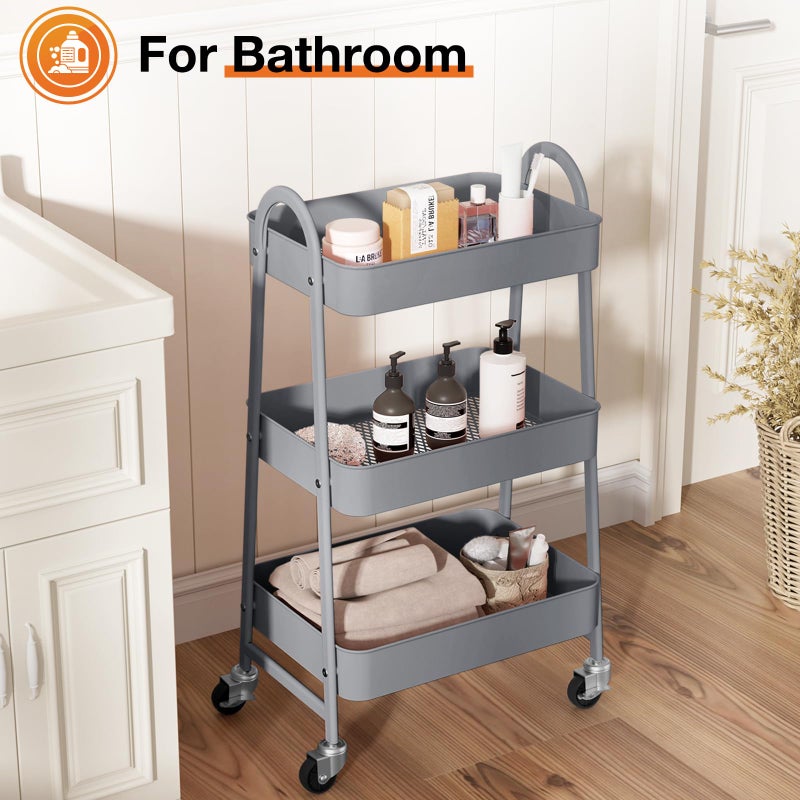 NEWBULIG 3-Tier Rolling Utility Cart with Locking Wheels, Slim Metal Mobile Storage Organizer Shelf for Small Spaces, Bathroom, Living Room, Grey - Image 5