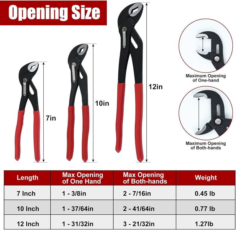 HighFree 3PCS Water Pump Pliers Set 7Inch, 10Inch, 12Inch, Tongue and Groove Pliers Set Quick Adjustment by Pressing and Sliding Grips Any Shaped Object - Image 2