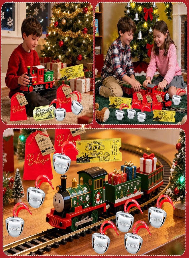 Japior 24 Sets Christmas Polar Express Believe Bells Sliver Bell Santa Gifts Bulk Christmas Ornament Train Ticket with Tags Red Velvet Bag Christmas Movie Party Favors for Xmas Party Tree Decorations - Image 5