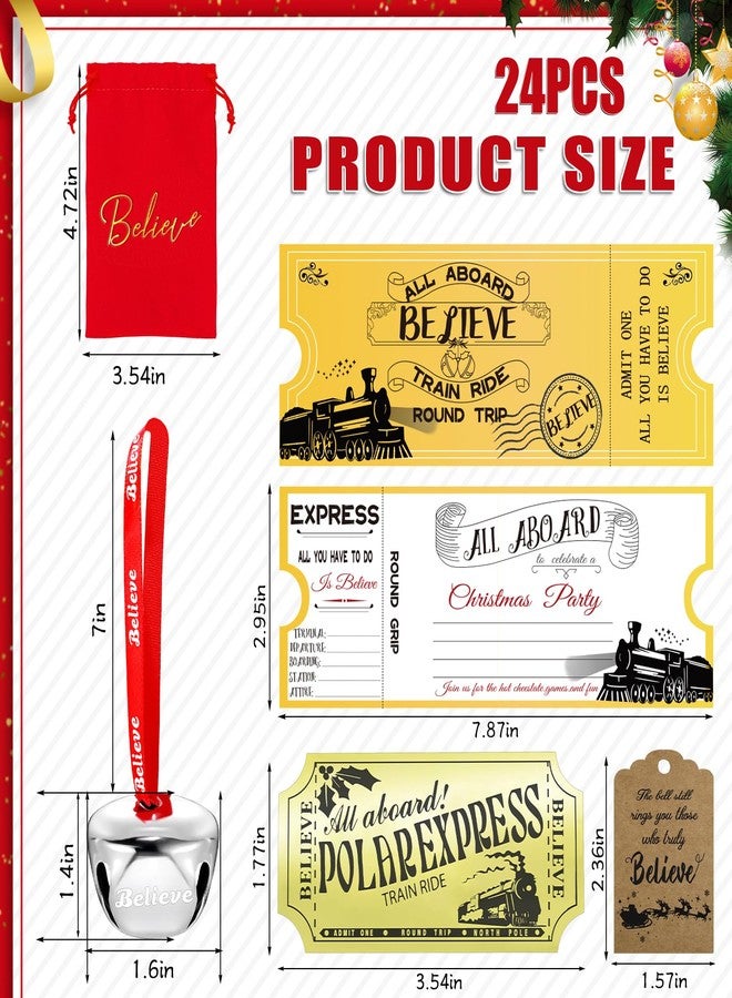 Japior 24 Sets Christmas Polar Express Believe Bells Sliver Bell Santa Gifts Bulk Christmas Ornament Train Ticket with Tags Red Velvet Bag Christmas Movie Party Favors for Xmas Party Tree Decorations - Image 2