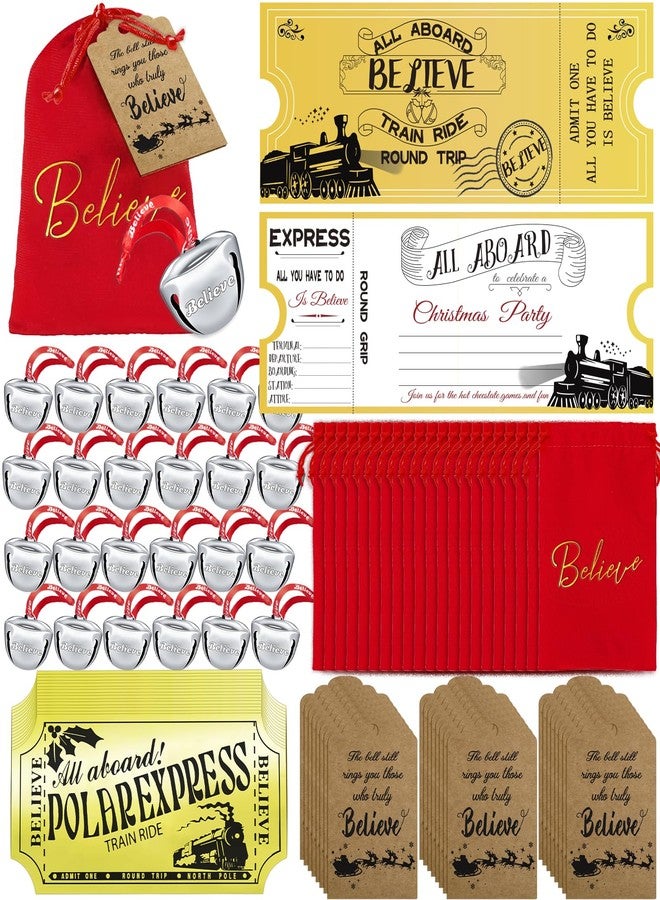 Japior 24 Sets Christmas Polar Express Believe Bells Sliver Bell Santa Gifts Bulk Christmas Ornament Train Ticket with Tags Red Velvet Bag Christmas Movie Party Favors for Xmas Party Tree Decorations - Image 1
