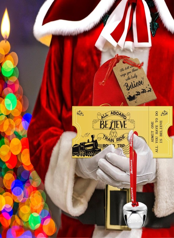 Japior 24 Sets Christmas Polar Express Believe Bells Sliver Bell Santa Gifts Bulk Christmas Ornament Train Ticket with Tags Red Velvet Bag Christmas Movie Party Favors for Xmas Party Tree Decorations - Image 3