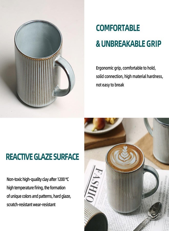 مونيتور مجموعة أكواب قهوة مونيتو ​​4 قطع، سعة 16 أونصة، مصنوعة من السيراميك الريفي بمقبض كبير، مصنوعة من الفخار الحجري المخطط العتيق للاتيه والكاكاو والشاي والحليب، آمنة للاستخدام في الميكروويف وغسالة الأطباق، لون أزرق دخاني - Image 5