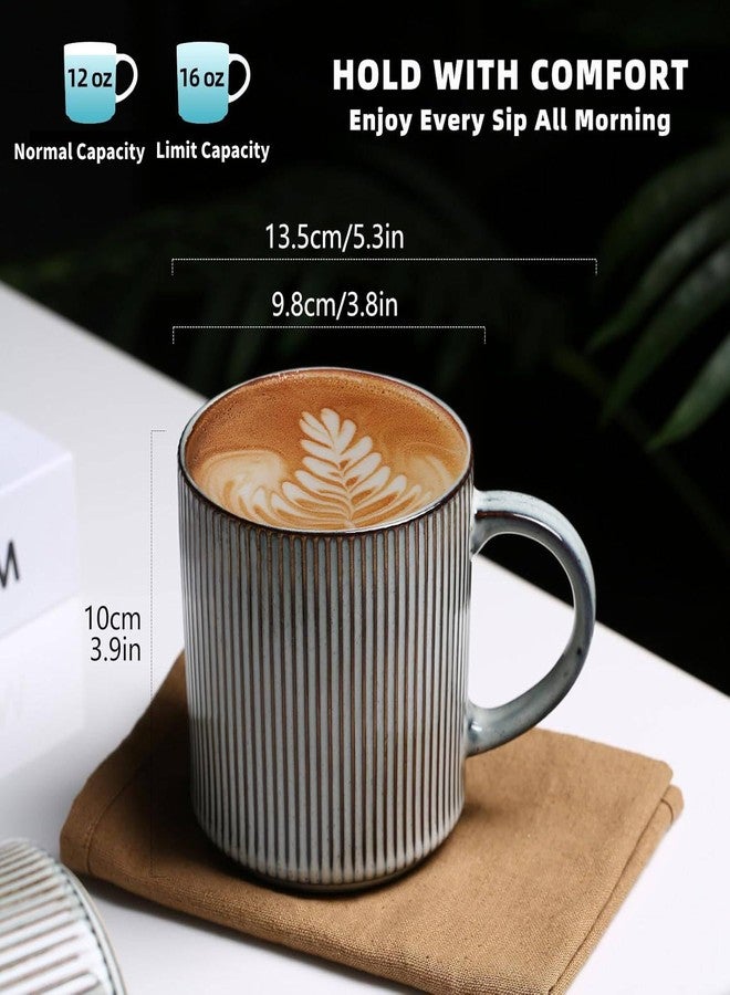 مونيتور مجموعة أكواب قهوة مونيتو ​​4 قطع، سعة 16 أونصة، مصنوعة من السيراميك الريفي بمقبض كبير، مصنوعة من الفخار الحجري المخطط العتيق للاتيه والكاكاو والشاي والحليب، آمنة للاستخدام في الميكروويف وغسالة الأطباق، لون أزرق دخاني - Image 2