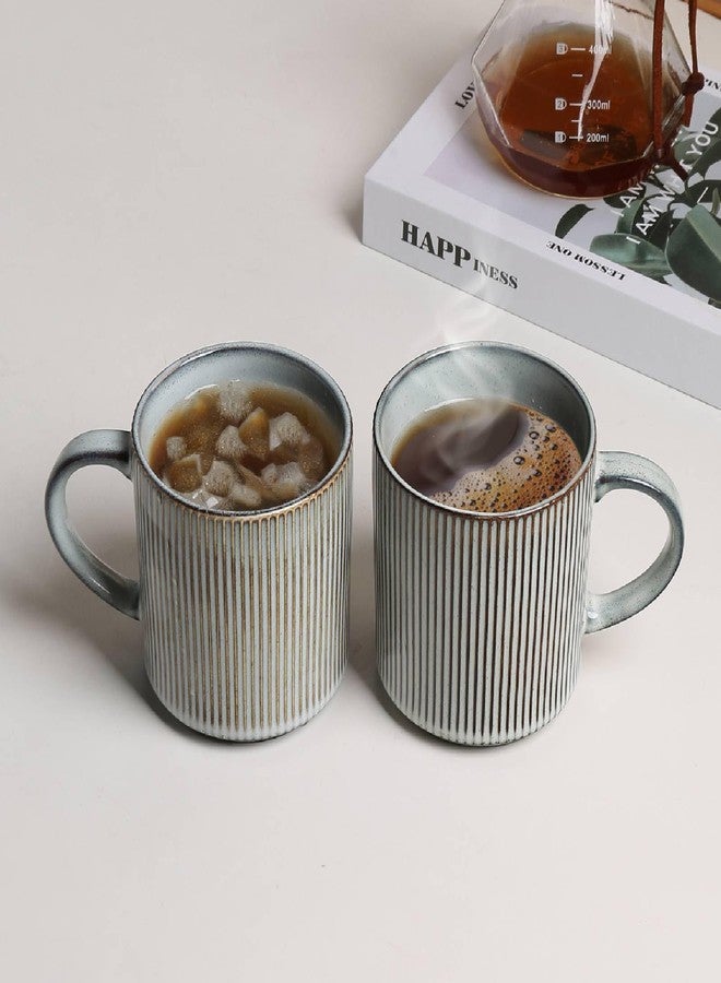 مونيتور مجموعة أكواب قهوة مونيتو ​​4 قطع، سعة 16 أونصة، مصنوعة من السيراميك الريفي بمقبض كبير، مصنوعة من الفخار الحجري المخطط العتيق للاتيه والكاكاو والشاي والحليب، آمنة للاستخدام في الميكروويف وغسالة الأطباق، لون أزرق دخاني - Image 3