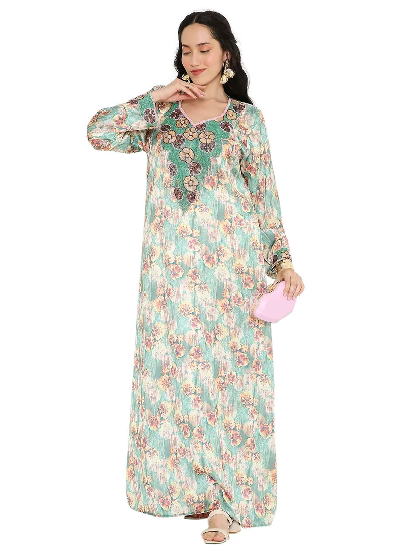 HANA & SARA UNIQUE FLORAL BEADED WITH CREATIVE PRINT DESIGN ARABIC KAFTAN JALABIYA DRESSES