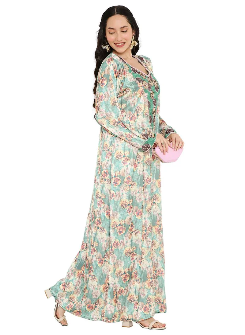 HANA & SARA UNIQUE FLORAL BEADED WITH CREATIVE PRINT DESIGN ARABIC KAFTAN JALABIYA DRESSES