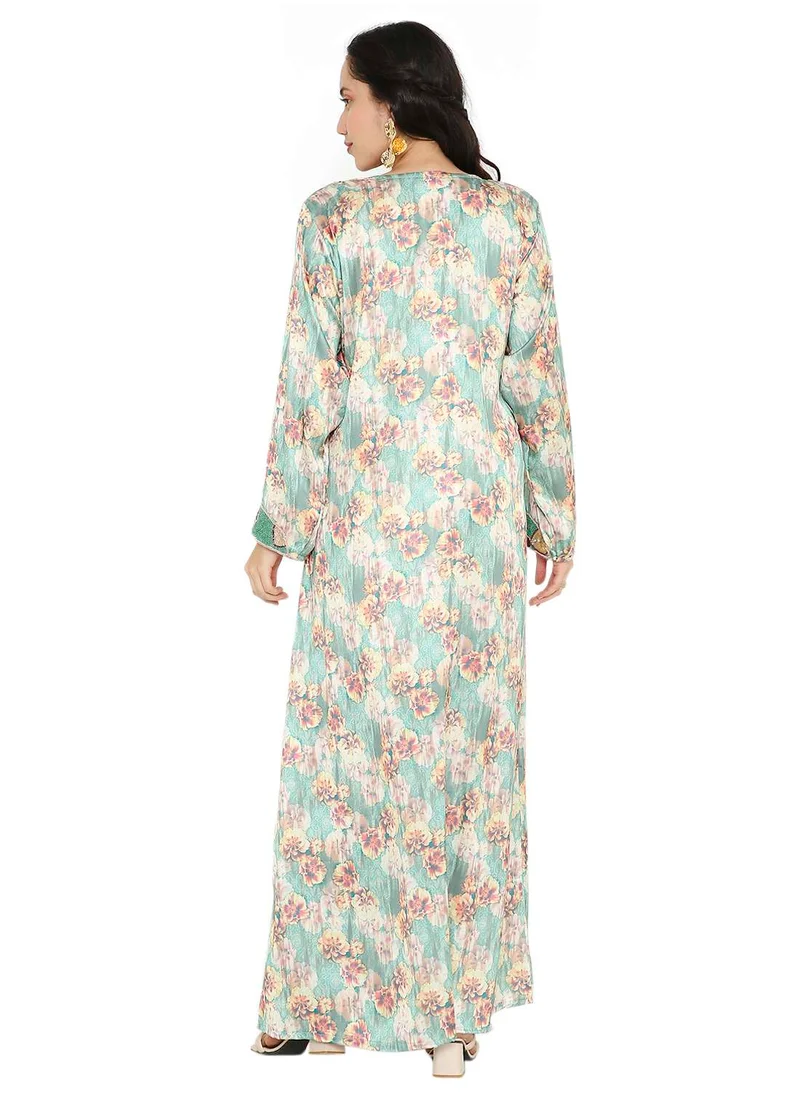 هانا آند سارا UNIQUE FLORAL BEADED WITH CREATIVE PRINT DESIGN ARABIC KAFTAN JALABIYA DRESSES