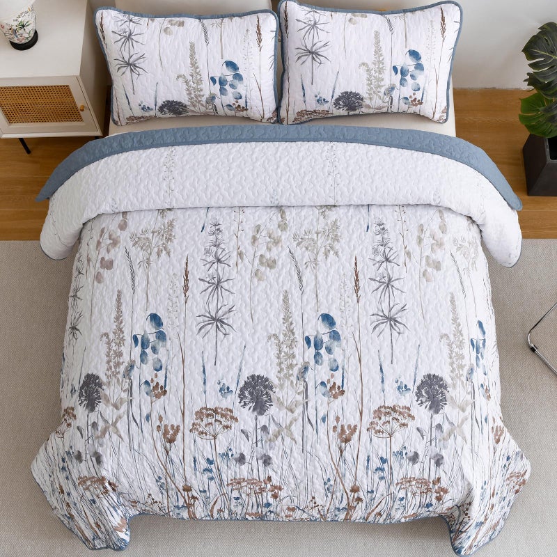 Dobuyly Blue Quilt Queen Size Floral Botanical Queen Quilt Bedding Set 3 Pieces Soft Lightweight Microfiber Brown Flower Bedspread Coverlet Set for All Season, 96"x90" - Image 3
