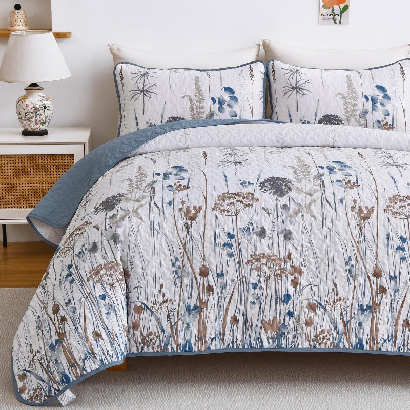 Dobuyly Blue Quilt Queen Size Floral Botanical Queen Quilt Bedding Set 3 Pieces Soft Lightweight Microfiber Brown Flower Bedspread Coverlet Set for All Season, 96"x90" - Image 4