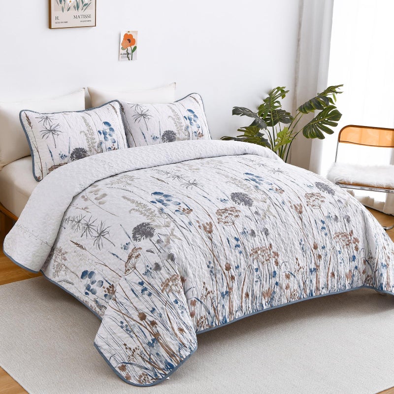Dobuyly Blue Quilt Queen Size Floral Botanical Queen Quilt Bedding Set 3 Pieces Soft Lightweight Microfiber Brown Flower Bedspread Coverlet Set for All Season, 96"x90" - Image 2