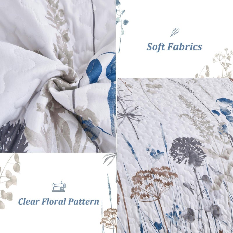Dobuyly Blue Quilt Queen Size Floral Botanical Queen Quilt Bedding Set 3 Pieces Soft Lightweight Microfiber Brown Flower Bedspread Coverlet Set for All Season, 96"x90" - Image 5