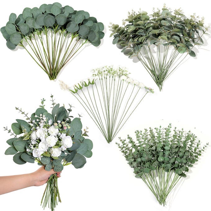 110 PCS 7 KINDS MIXED ARTIFICIAL EUCALYPTUS STEMS AND FAUX FLOWERSFAKE SILVER DOLLAR EUCALYPTUS LEAVES STEMS BULK REAL TOUCH LEAF BRANCHES FOR DIY BOUQUETS FLORAL ARRANGEMENT WEDDING HOME DECOR