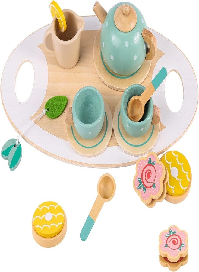 Kitmeer HUES Wooden Tea Set Toys-14 Pcs Play Tea Party Set for Girls, Pretend Play Food Toys for Kids- Play Kitchen Accessories - Image 1