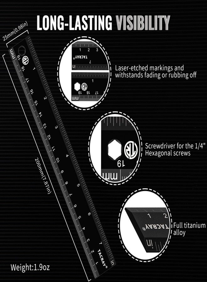 TACRAY Titanium Straight Ruler with Both CM & INCH Linear Measure, 19cm Anti-skidding, Multiple-Functional with 1/4" Hexagonal Screwdriver (Black) - Image 2