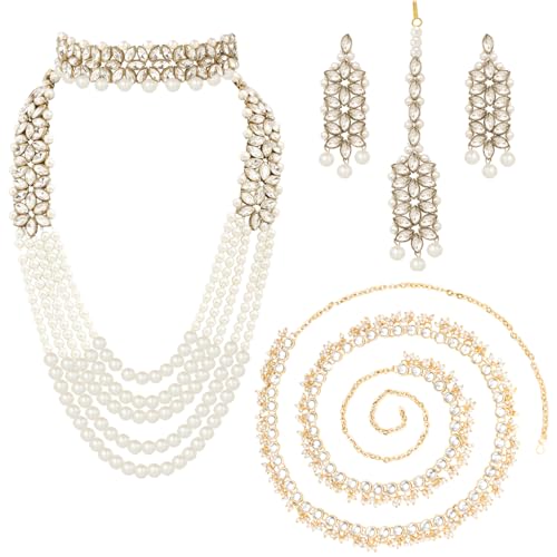 Peora Combo of Faux Pearl Bridal Necklace Set with Waist Belt Kamar Bandh Gift for Women - Image 1
