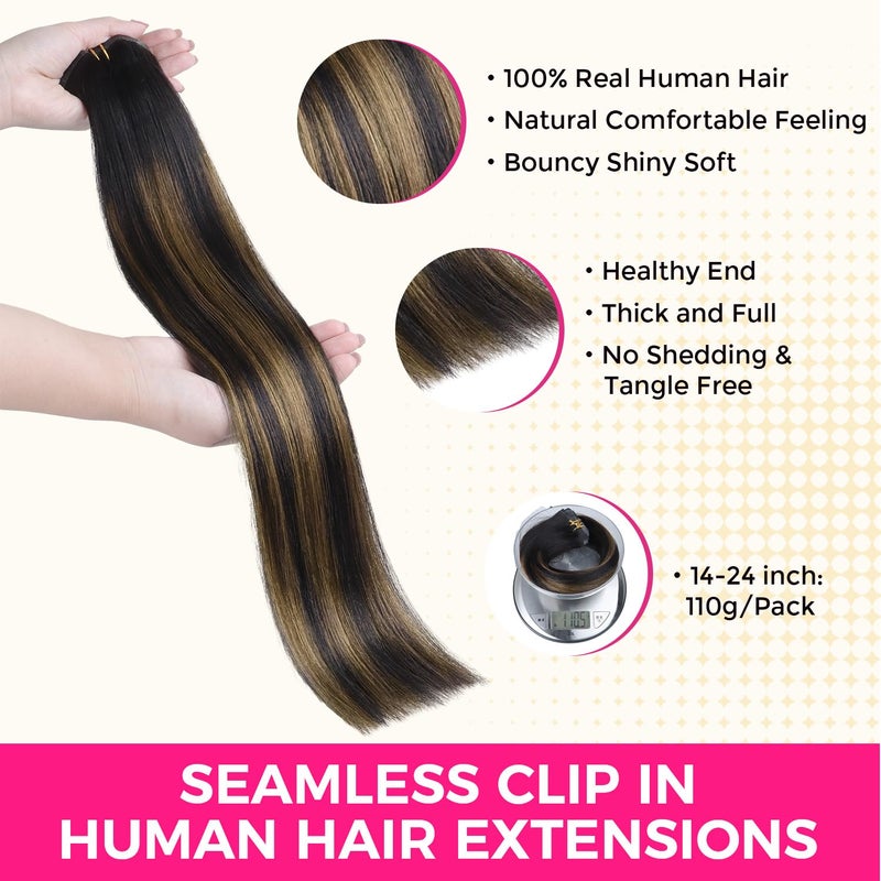 Lashey Seamless Clip in Hair Extensions Human Hair Light Yaki Natural Black Mixed Chestnut Brown 16 Inch 7pcs 110g Real Human Hair Clip ins for Black Women - Image 3