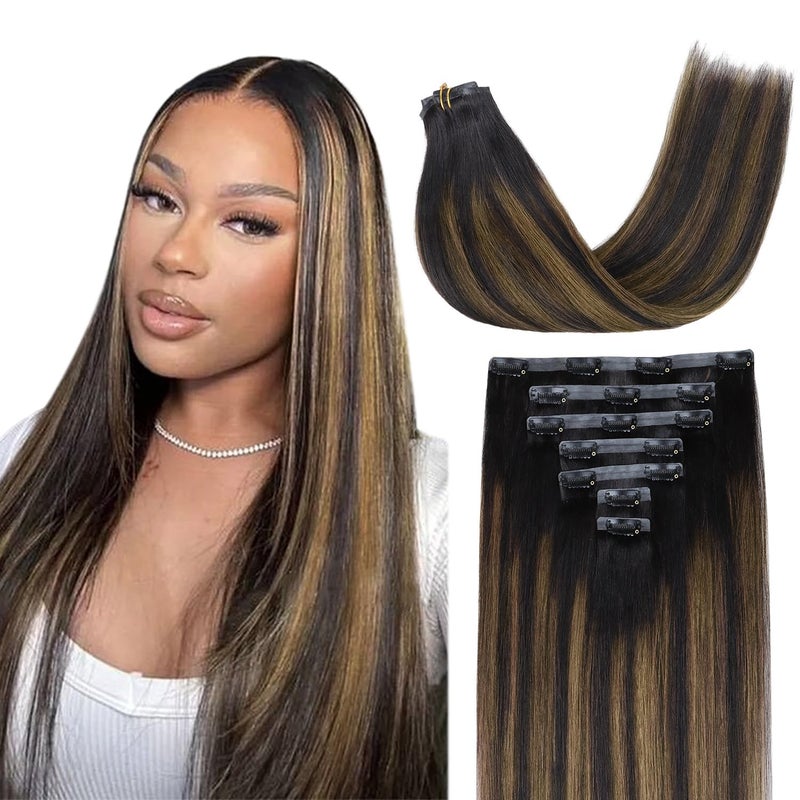 Lashey Seamless Clip in Hair Extensions Human Hair Light Yaki Natural Black Mixed Chestnut Brown 16 Inch 7pcs 110g Real Human Hair Clip ins for Black Women - Image 1