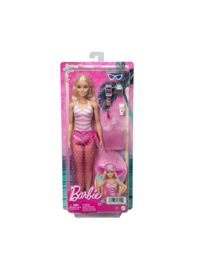 Mattel Barbie Beach Blonde Doll with Pink and White Swimsuit, Accessories, and Beach Bag