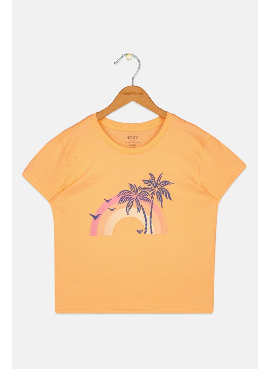 Roxy - Kids Girl Graphic Printed Short Sleeve Top, Orange - Image 1